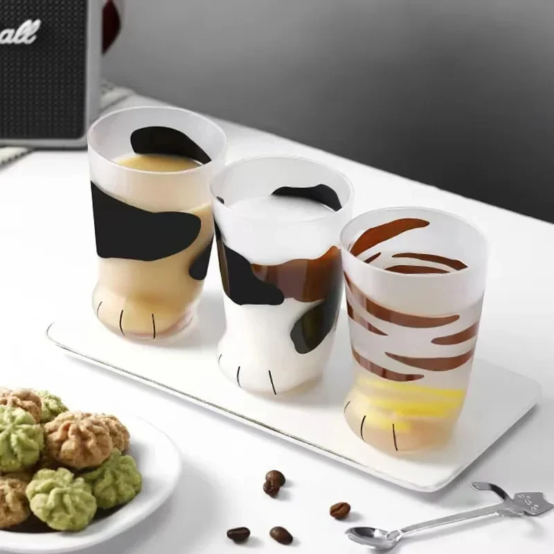 300ml Cat Paw Cup Glass Frosted Water Cup Cat Foot Claw Print Mug for Coffee Milk Kids Cute 3D Paw Drinkware Gifts