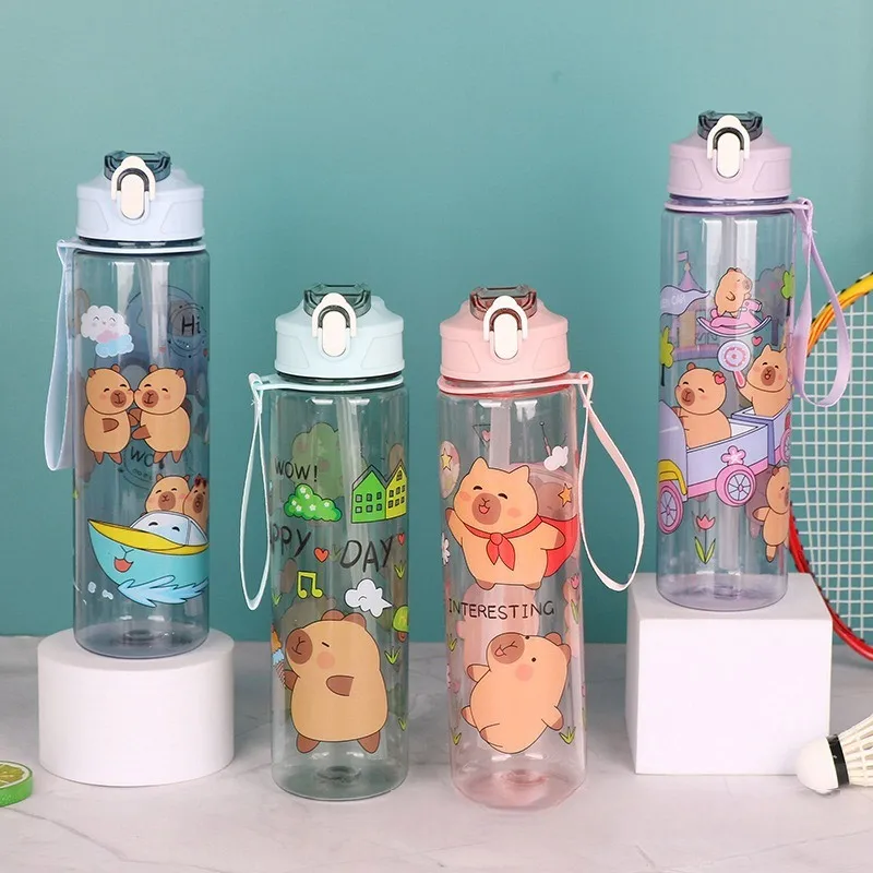 Cartoon Capibala Pattern Water Bottle Leakproof Plastic Straw Cup Portable Outdoor Travel Large Capacity Sports Cup 750ml