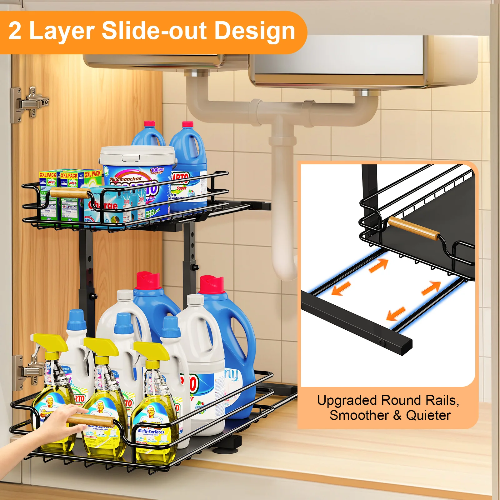 2 Tier Under Sink Organizer Kitchen Metal Sliding Drawer Height  Adjustable Cabinet Organizer Kitchen Organizer 5