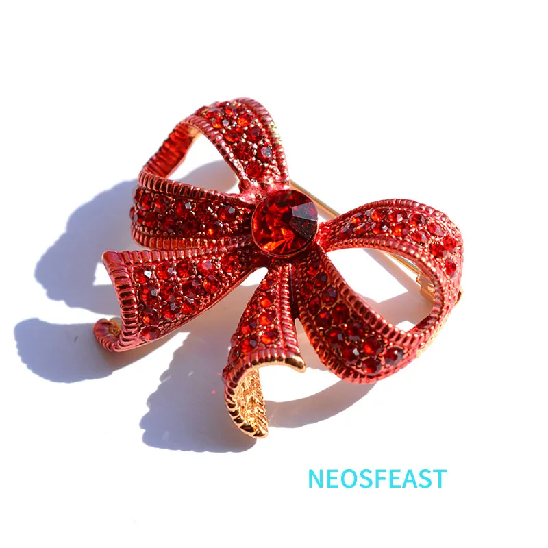 Classic Jewelry Red Color Ribbon Rhinestone Brooches for Women Elegant Enameled Pin Lady Wedding Gifts Holiday Dress Decoration