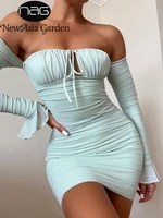 Off Shoulder Mesh Dress Fall Cut out Tie up Flare Sleeve 2 Layer Elastic Slim Fit Mini Dress Woman Sexy