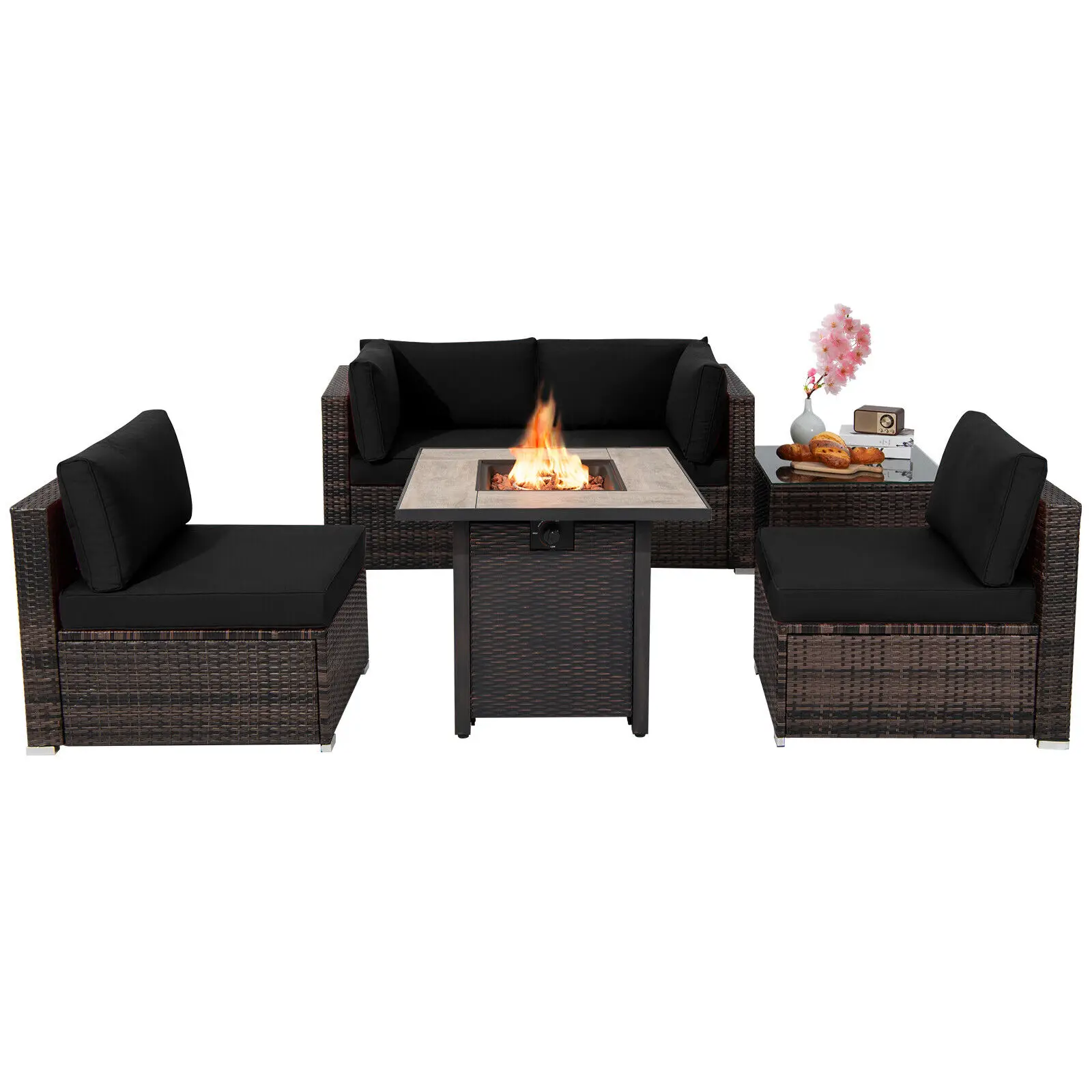 

Patiojoy 6 PCS Patio Wicker Furniture Set 30" Gas Fire Pit Table 50,000 BTU Black