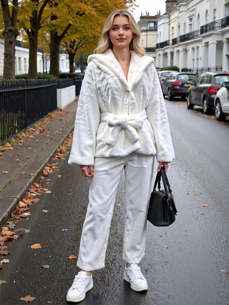 Women Winter Jacket Faux Fur Long Sleeve Fashion Hooded Belt Thicken Warm Elegant Women's Coat Street Casual New Outerwear