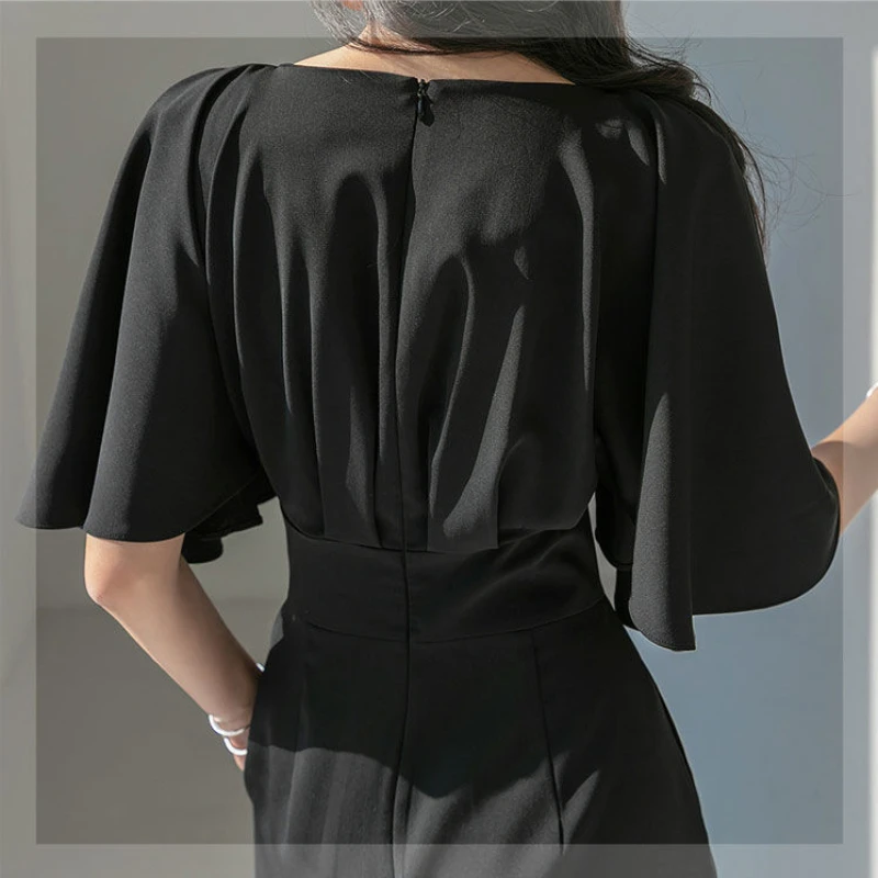 Flying Short-sleeve Jumpsuits Women Loose S-4XL V-neck Black Wide Leg Simple Elegant Office Ladies New Arrivals Summer Fashion