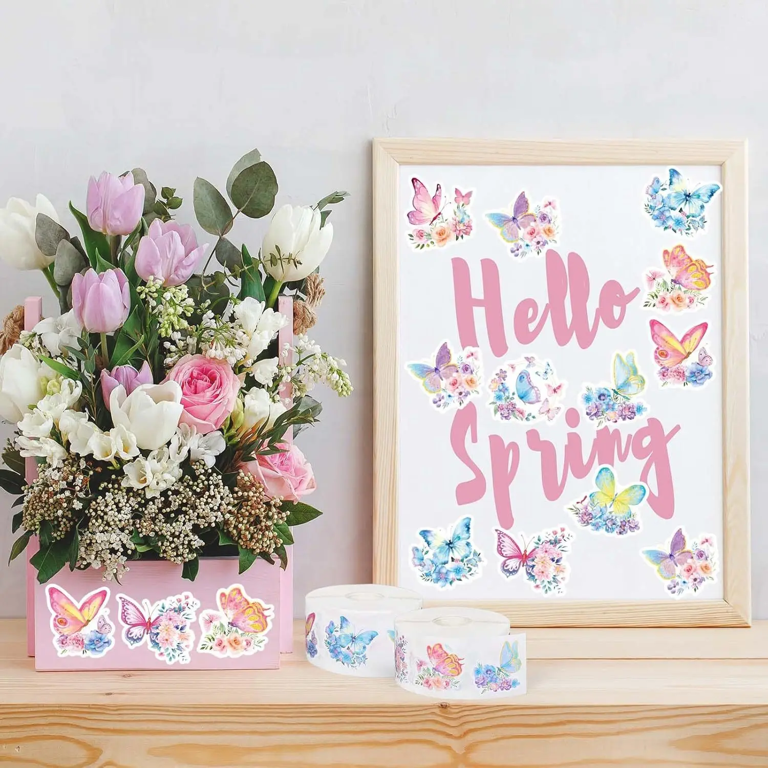 500pcs 나비 꽃 스티커 롤 8 디자인 다채로운 나비 데칼 장식 꽃 귀여운 스티커 파티 호의 장식
