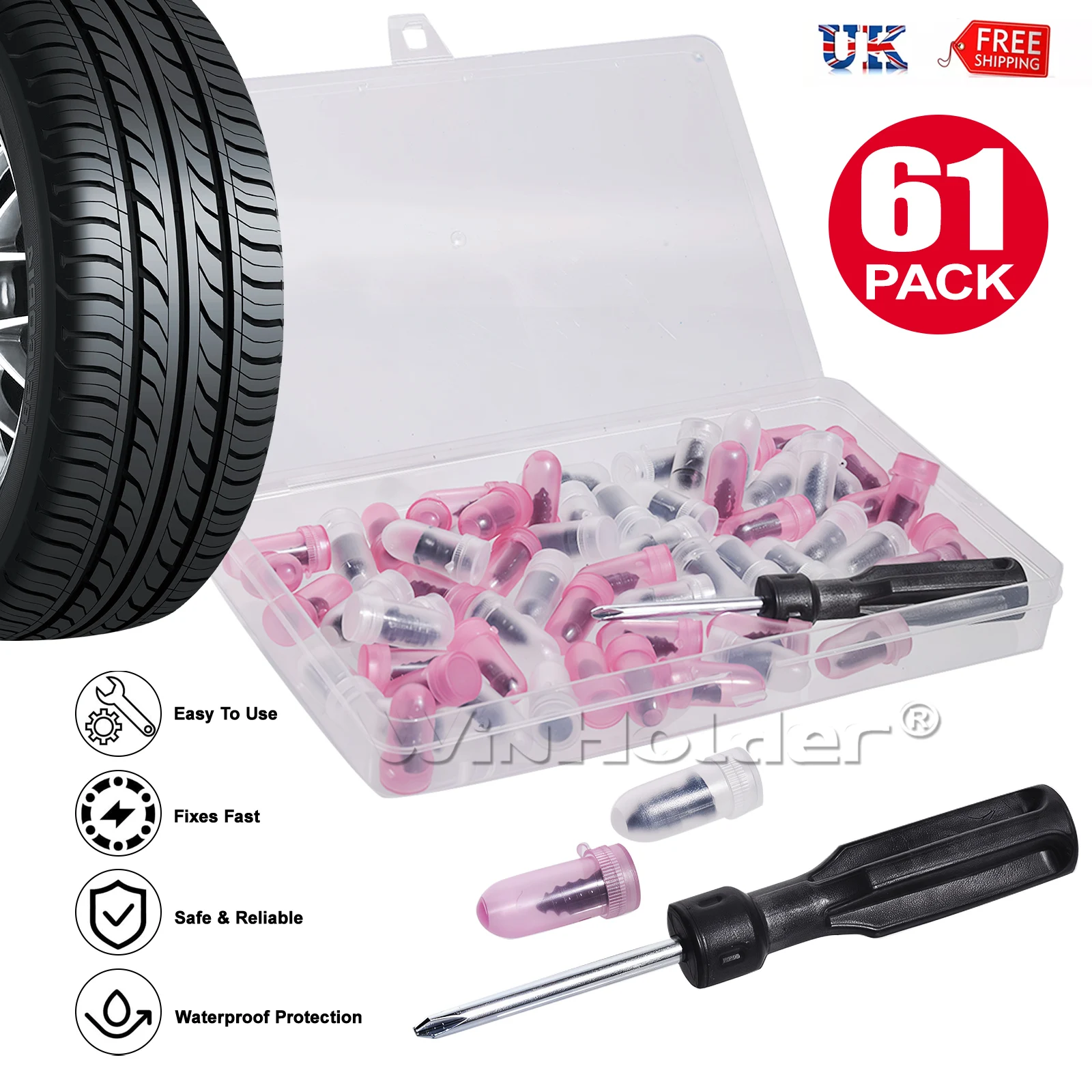 60+1X Tubeless Tire Repair Screw In Rubber Plug Nail Car Tyre Puncture Repair Set Off-Road Car Tyre Puncture Repair Kit — Color: black