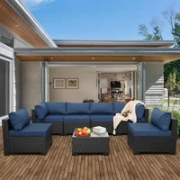 Outdoor PE Wicker Furniture Set, Patio Black Rattan Sectional Sofa Couch with Washable Navy Blue Cushions 1