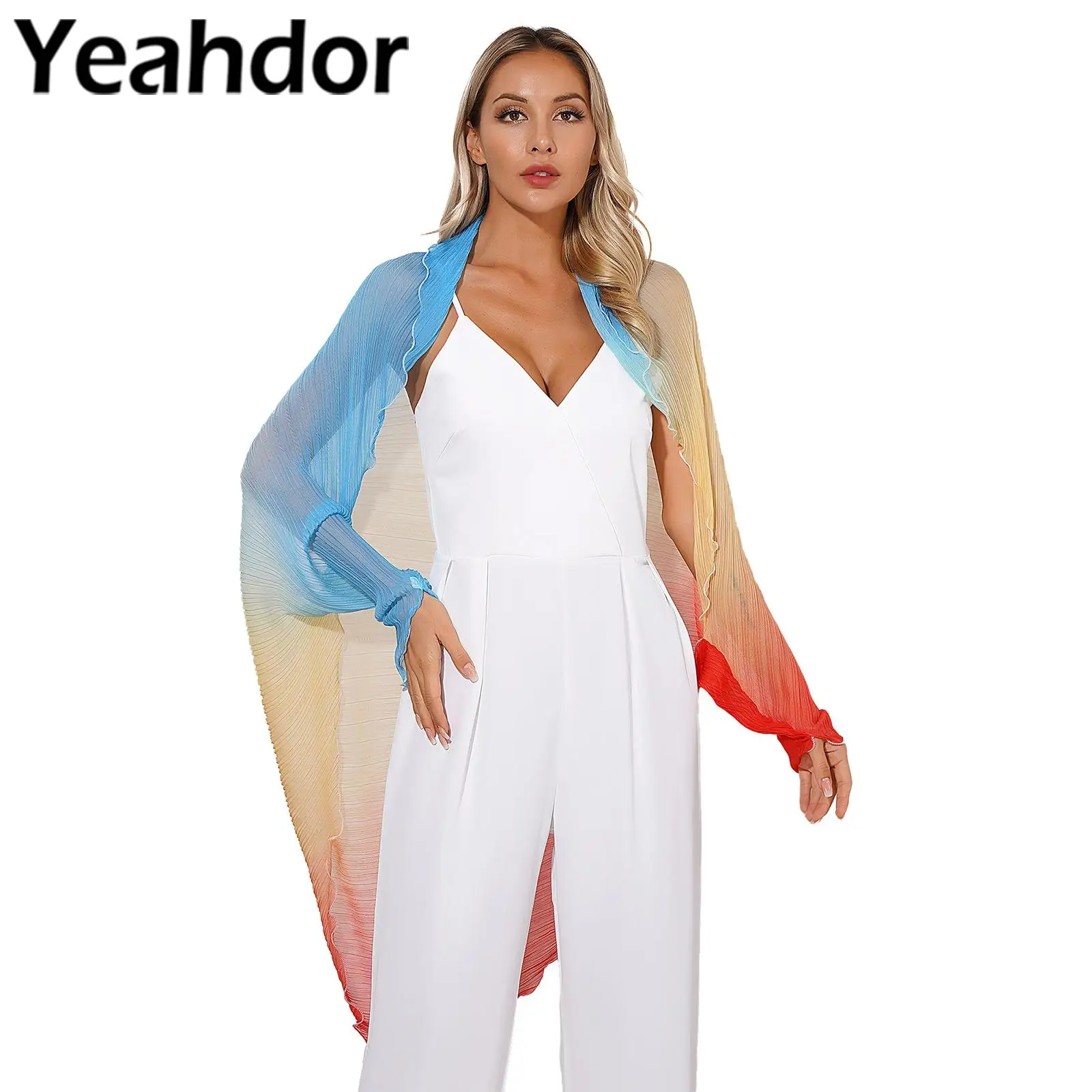 

Women Gradient Ruched Shawl Wraps Sun-Protective Chiffon Cardigan Evening Cape for Beach Party Dress Long Sleeve Shrug Cover Ups