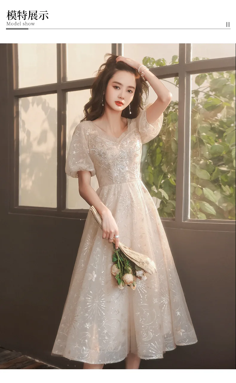 Champagne evening dress dress women's banquet temperament spring French dress can usually wear fairy middle and long style green evening gown