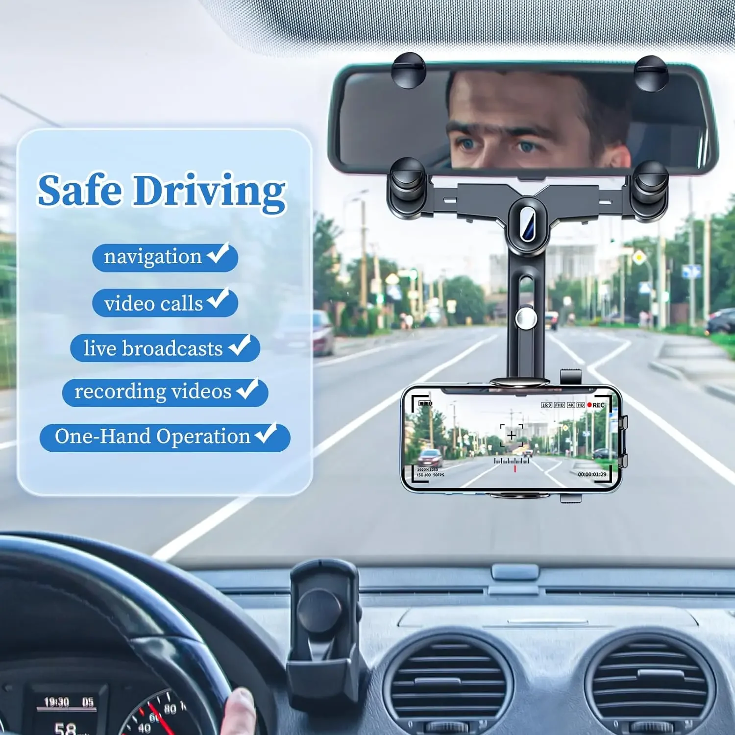 Car Rearview Mirror Phone Holder 360 Rotating Mobile Mount