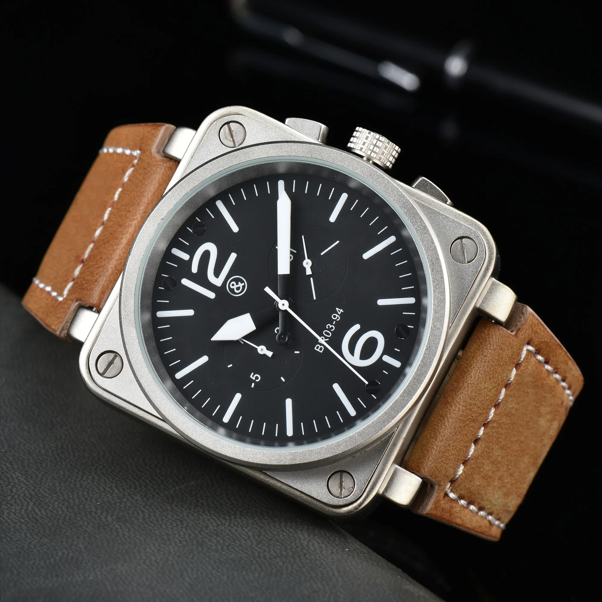 

Original Brand Men Automatic Mechanical Three Eyes Watch Bell Brown Leather Black Ross Rubber 46mm Large Dial Men For Watches