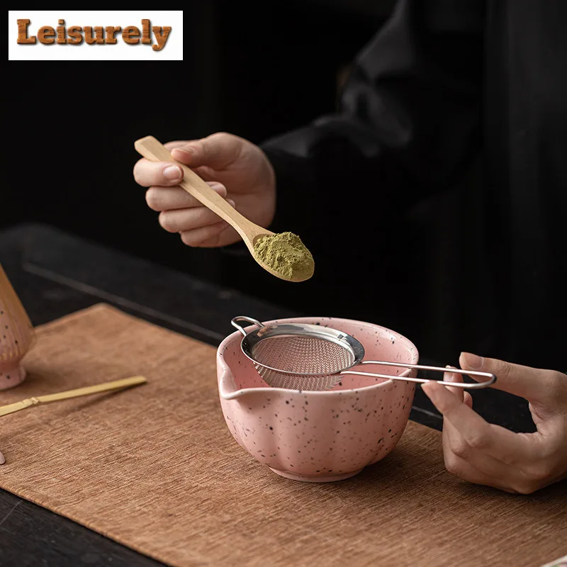 Ink Dot Romantic Pink Matcha Eight-piece Set Song Dynasty Tools Tea Whisk Brush Powder Sieve Japanese Ceramic Bow Tea Items Gift
