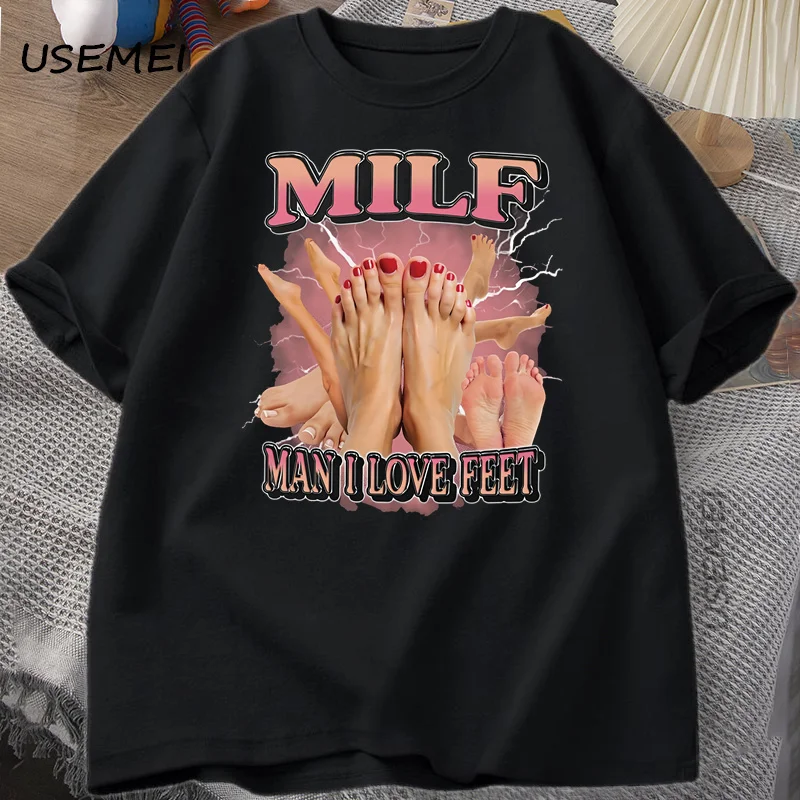 Men's Adult Humor Graphic T-Shirt - MILF Man I Love Feet - Funny Gag Tee, Round Neck, Short Sleeve, Casual Loose Streetwear
