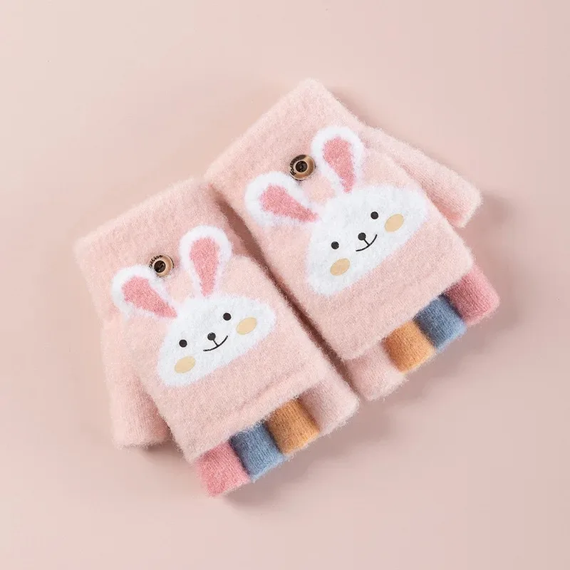 Cartoon Rabbit Five Finger Children's Gloves for Winter Flip Knitted Warmth, Convenient and Practical  Thickenedgo  Out
