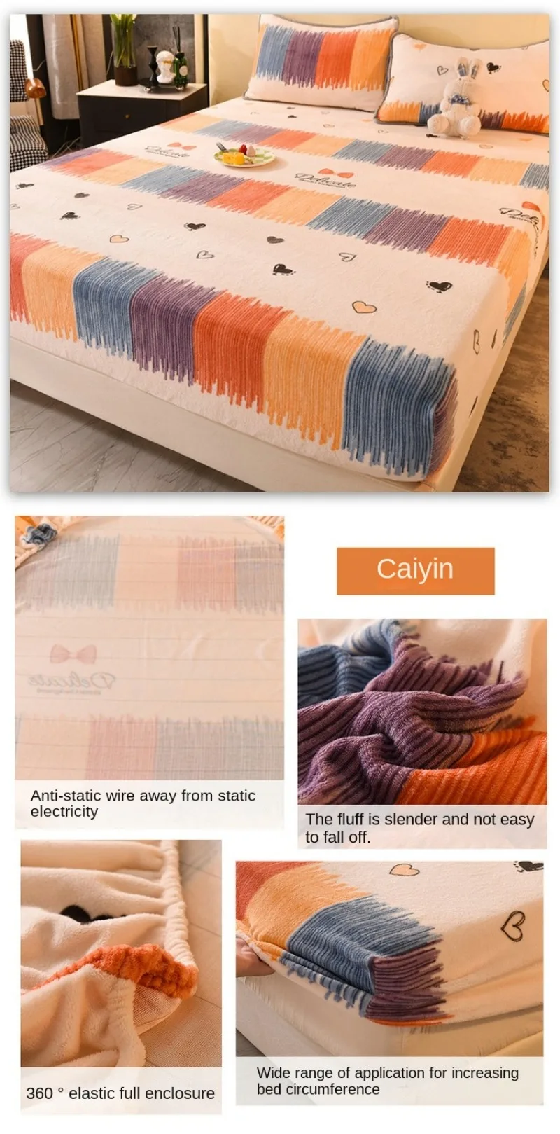 Description Picture 3 of itemQueen Double Size Bed Sheet Polyester Elastic Fitted Sheet Velvet Soft Flannel Warm Mattress Cover King Full Twin Size Winter