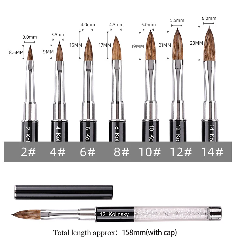 ANGNYA Pure Kolinsky Hair Acrylic Nail Art Brush Rhinestones Metal Handle Nail Art Builder Brush Carving Pen Pro Nail Salon Tool 4