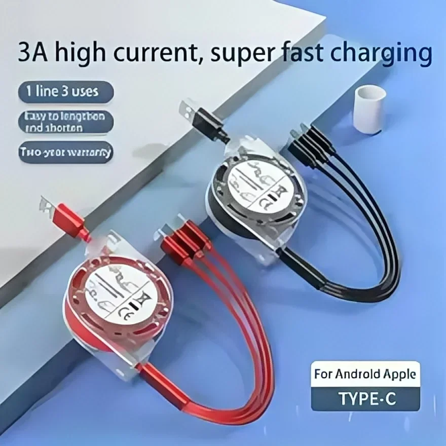 3 in 1 Retractable Cable Fast Charging Telescopic for IPhone Samsung Android Phone Type C Micro USB Charger Nylon Braided Cord