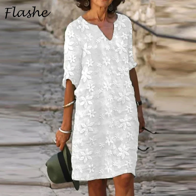 

Vintage Casual Dress Women Summer V Neck Half Sleeve Mid Dresses For Women Elegant Beach Party Jacquard Weave Dress