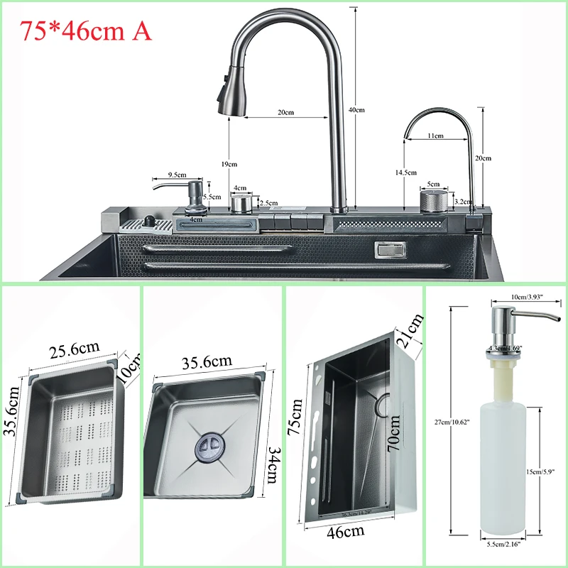 Kitchen Sink with Faucet Digital Display 304 Stainless Steel Large Single Slot Integrated Multifunction Waterfall Rain Sink Set 6