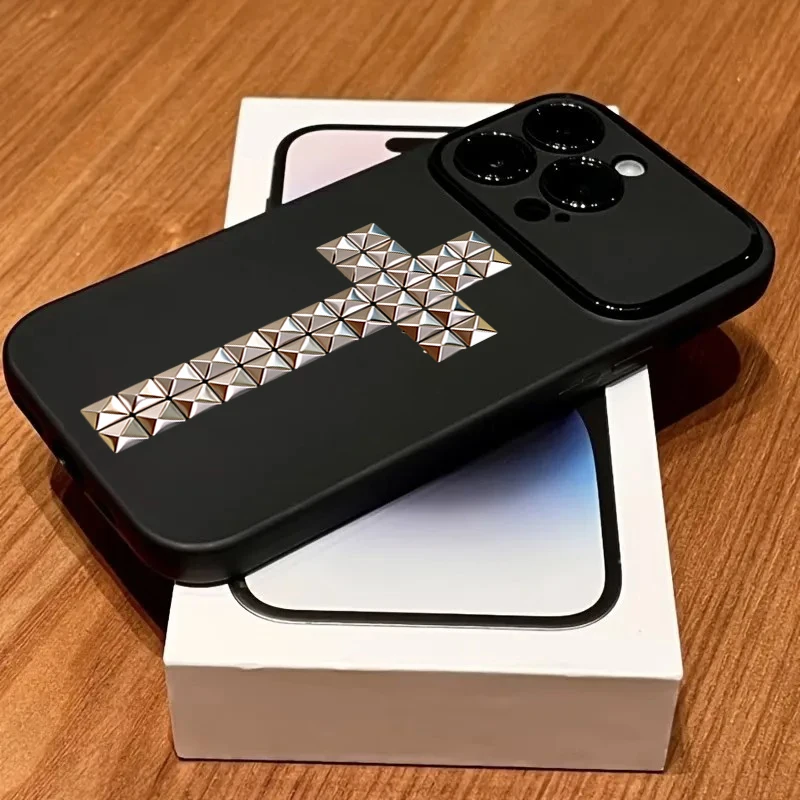 Rivet Cross Shockproof Black Matte Phone Case with Large Window
