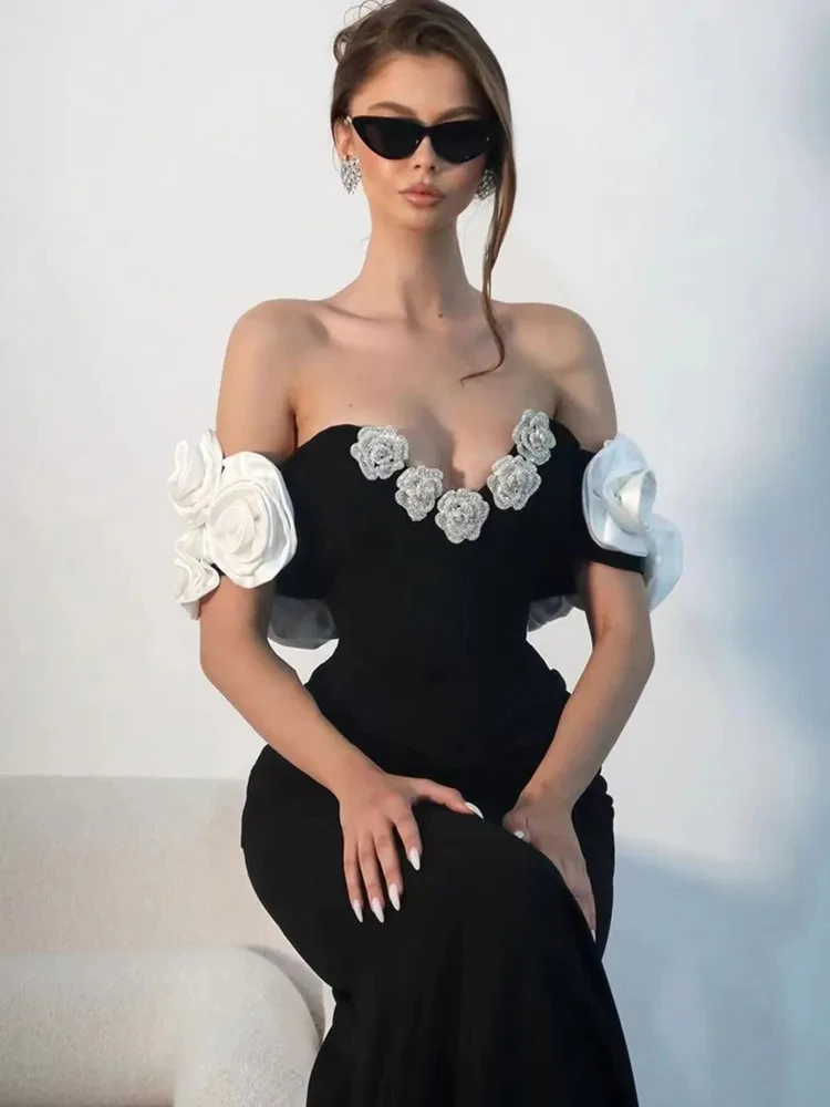 New Cocktail Dress Elegant Party Evening Celebrity Prom Gown Sexy Black Bandage Flower Backless Off Shoulder Long Dresses