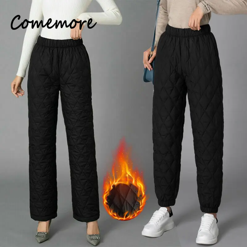 New Winter Warm Down Cotton Pants Women Fashion Padded Quilted Thicken Trousers Elastic Waist Lightweight Casual Pants