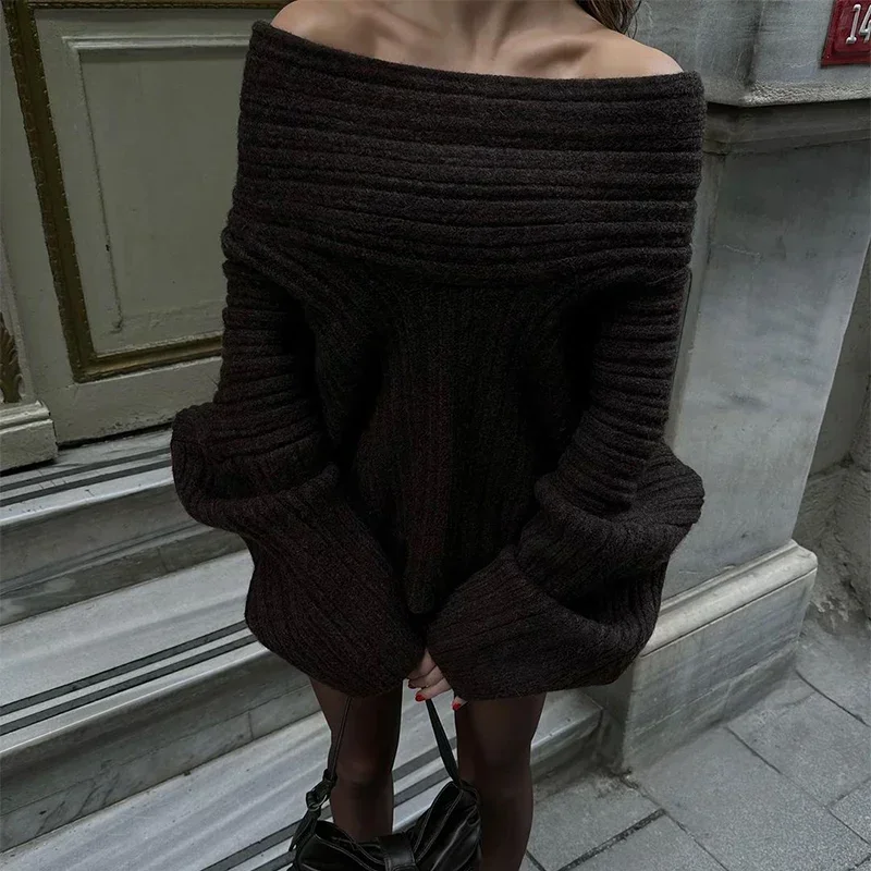 Trendix Long Sleeve Knit Sweater Women Autumn Winter Oversized Off Shoulder Pullover Street Fashion Vintage Loose Knitted Tops 2