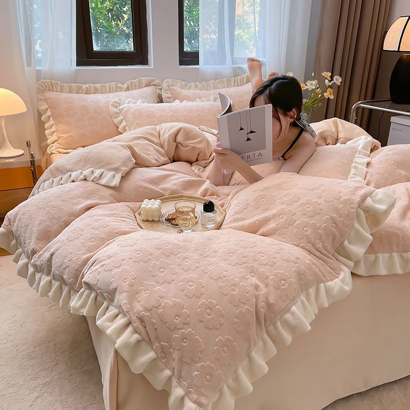 

2023 New High Weight Milk Flour Thickened and Warm Flower Series Four Piece/three Piece Set -1.2m Bed Sheet Bed Sheet Set