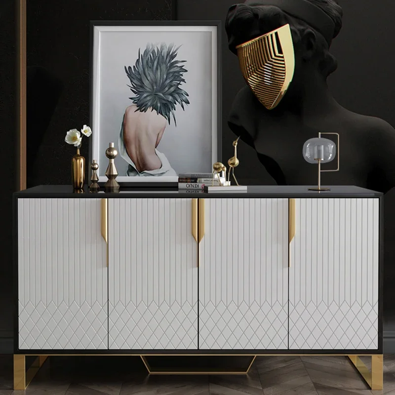 Modern Stainless Steel Foot Tempered Glass Top Wooden Console Table Luxury 4 Drawers Storage Cabinet Dining Room Sideboard