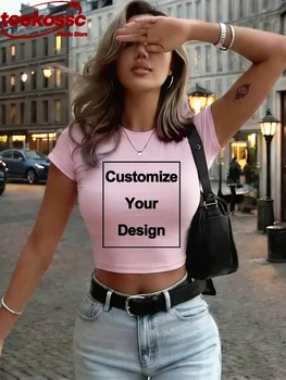 Custom Womens Cotton Crop Tops DIY Logo Y2K Short Sleeve High Elastic T-Shirt Sexy Soft O-Neck Slim Tees Summer Womans Clothes 1