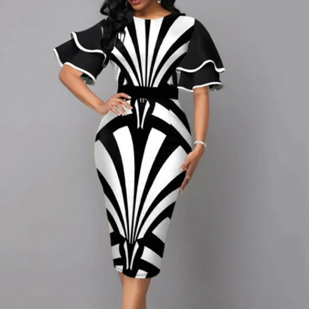 Women-Dress-O-neck-Layer-Flared-Sleeve-Bodycon-Dress-Irregular ...