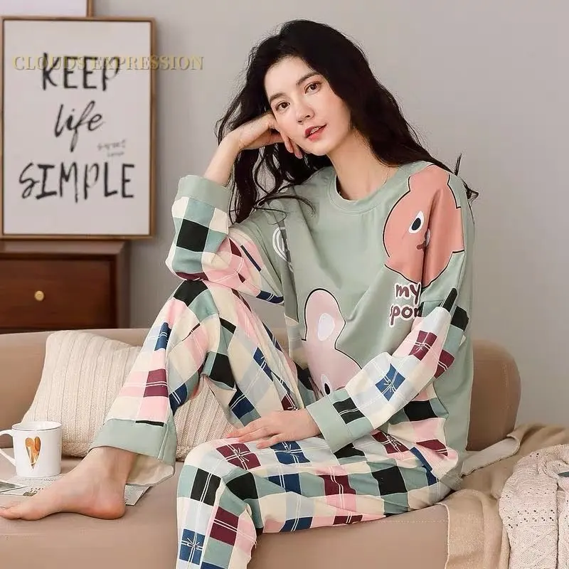 Autumn Sleep Lounge Pajama Long Sleeved Top Polka Dots Women Pajama Sets Cartoon Pyjamas Cotton Sleepwear Women M L XL XXL XXXL women pajamas set,cotton pajamas set