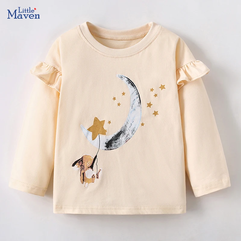 

Little Maven Baby Girls Tops Kids Clothes 2024 Autumn Children's Clothing Cartoon Moon Rabbits Long Sleeves T-shirts Cotton