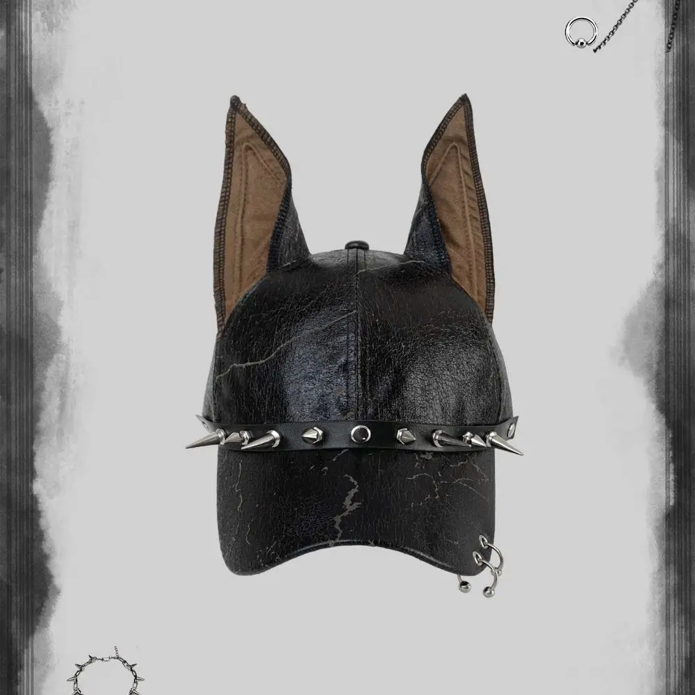 Modische Punk-Dobermann-Ohren Baseballkappen, verstellbare Y2K-Leder-Nietenmützen, PU-Spice-Girl-Sonnenschutz-Hip-Hop-Hüte für Männer und Frauen – Detail 11