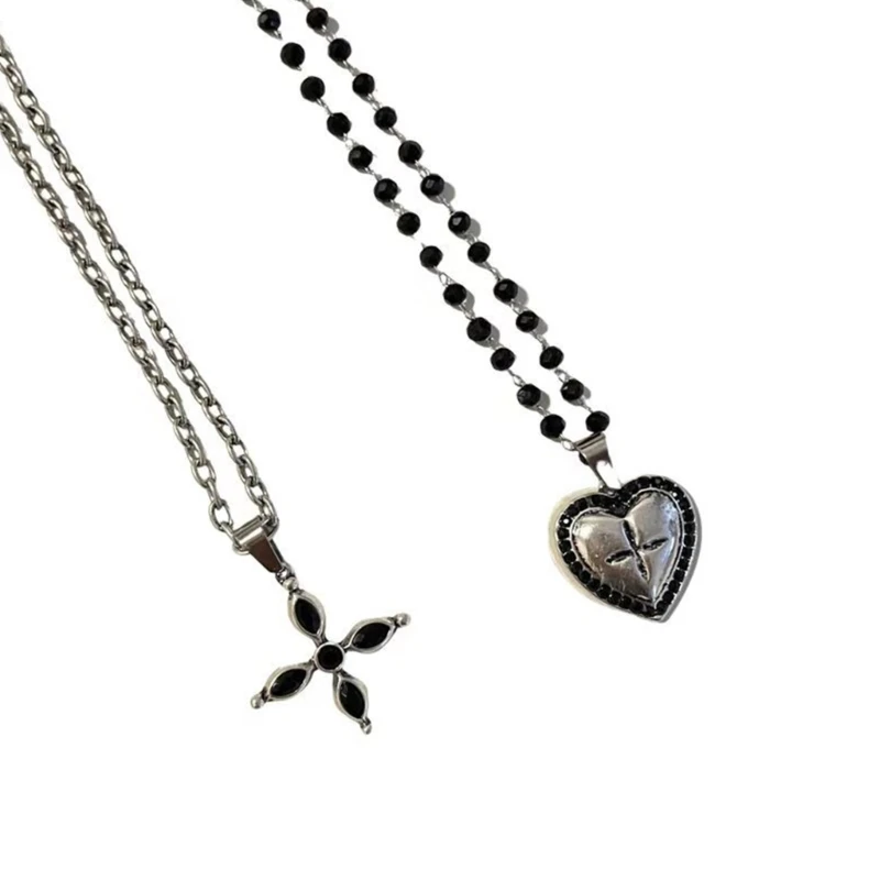 

Beaded Cross/Heart Necklace Big Pendant Necklace for Women Gothic Necklace 28TF