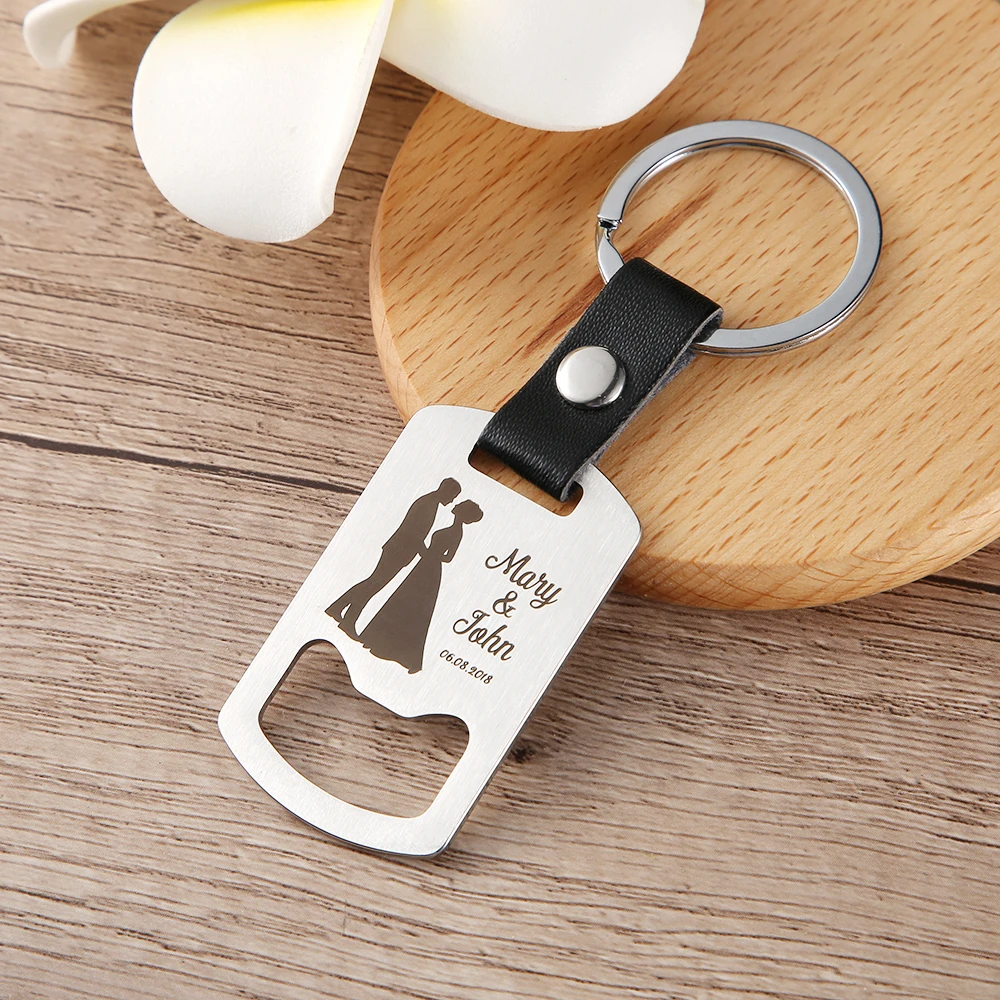 Personalized Bottle Opener Wedding Favor Keychain Laser Engraved Stainless And Leather Key Chain Custom Wedding Gifts For Guests belt rope lanyard clip keychain name tag holder keyring id card cord reel retract pull key chain recoil badge bottle opener