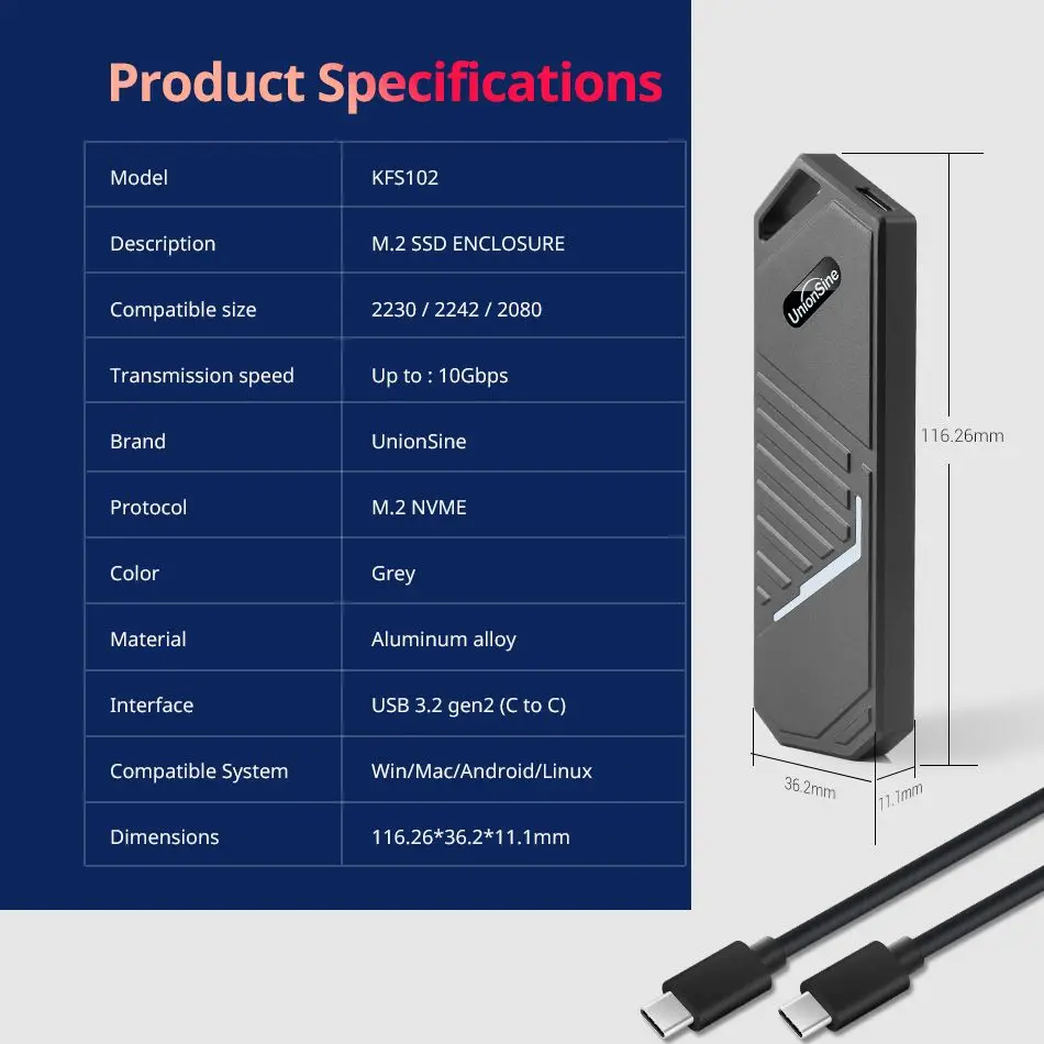 Ssd Case Enclosure Nvme Usb 3.2 tipo c Gen2 10gbps Liga de Alumínio M.2 Nvme Unidade de Estado Sólido para 2230 2242 2280 Unionsine-m2 - Imagem 3