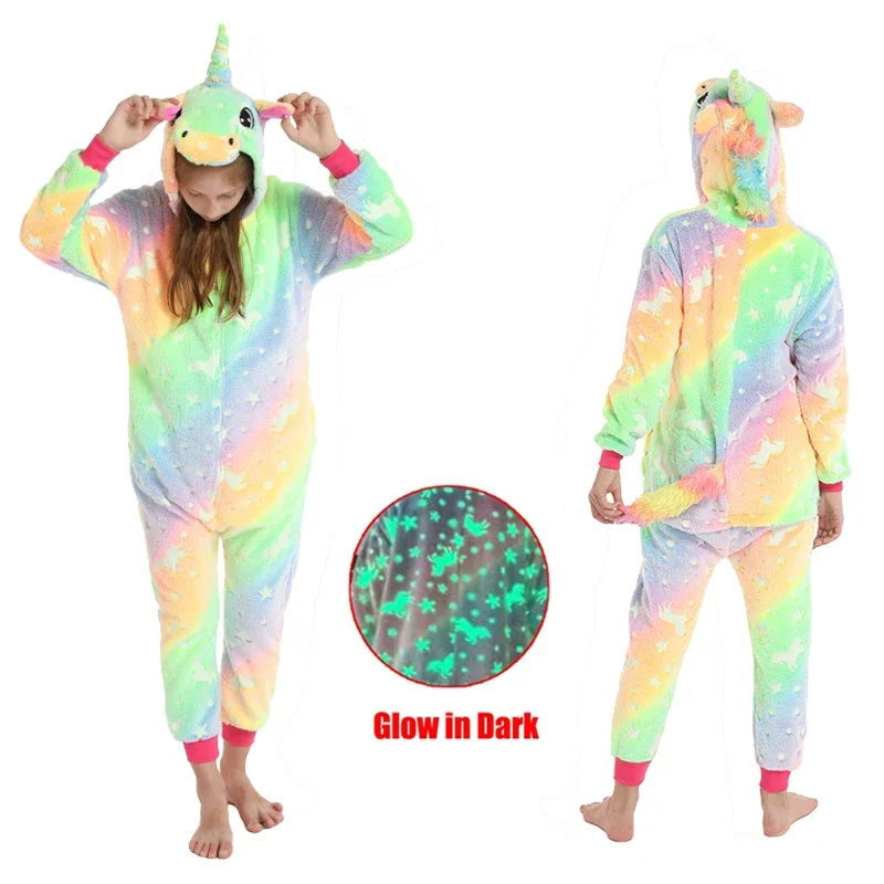 Winter Jumpsuit Kids Kigurumi Anime Overalls for Children Unicorn Pajamas Warm Plush Glow In The Dark Pyjamas Boys Girls Onesies