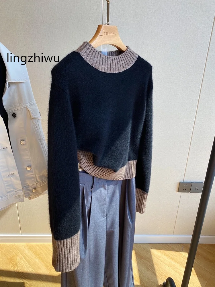 

Женский свитер с круглым вырезом lingzhiwu, свободный трикотажный топ контрастных цветов в стиле пэчворк из плотной смеси меха енота и шерсти