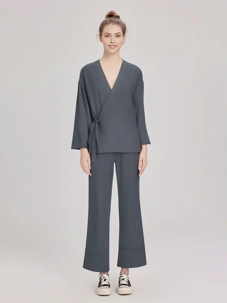 HH Women Casual Pajama Style Blouse Pant Sets Long Sleeve Bow Lace Up Shirts Elastic Waist Trousers Female Grey Outfits