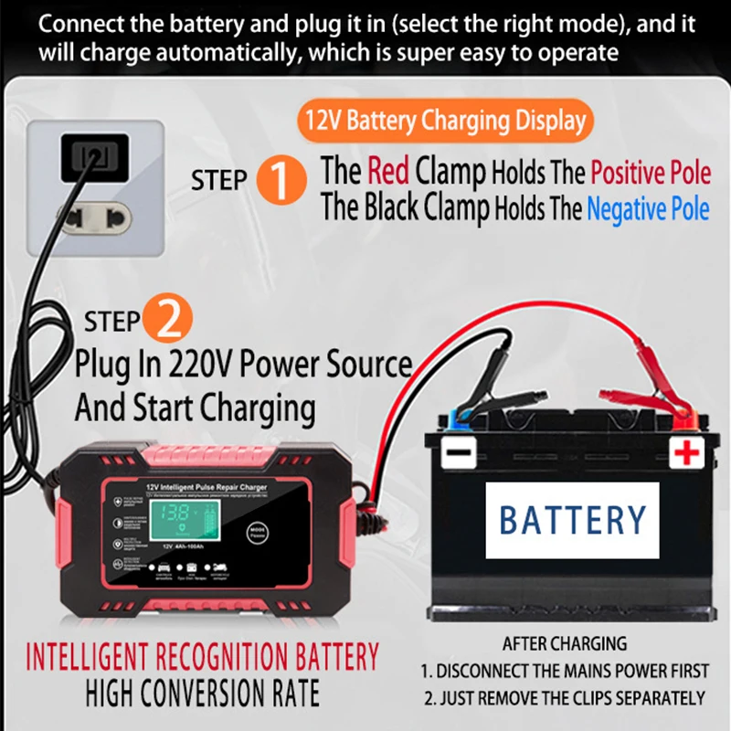 Car Battery Charger 12V 6A Pulse Repair LCD Display Smart Fast Charge AGM Deep Cycle GEL Lead-Acid Charger For Auto Motorcycle 6