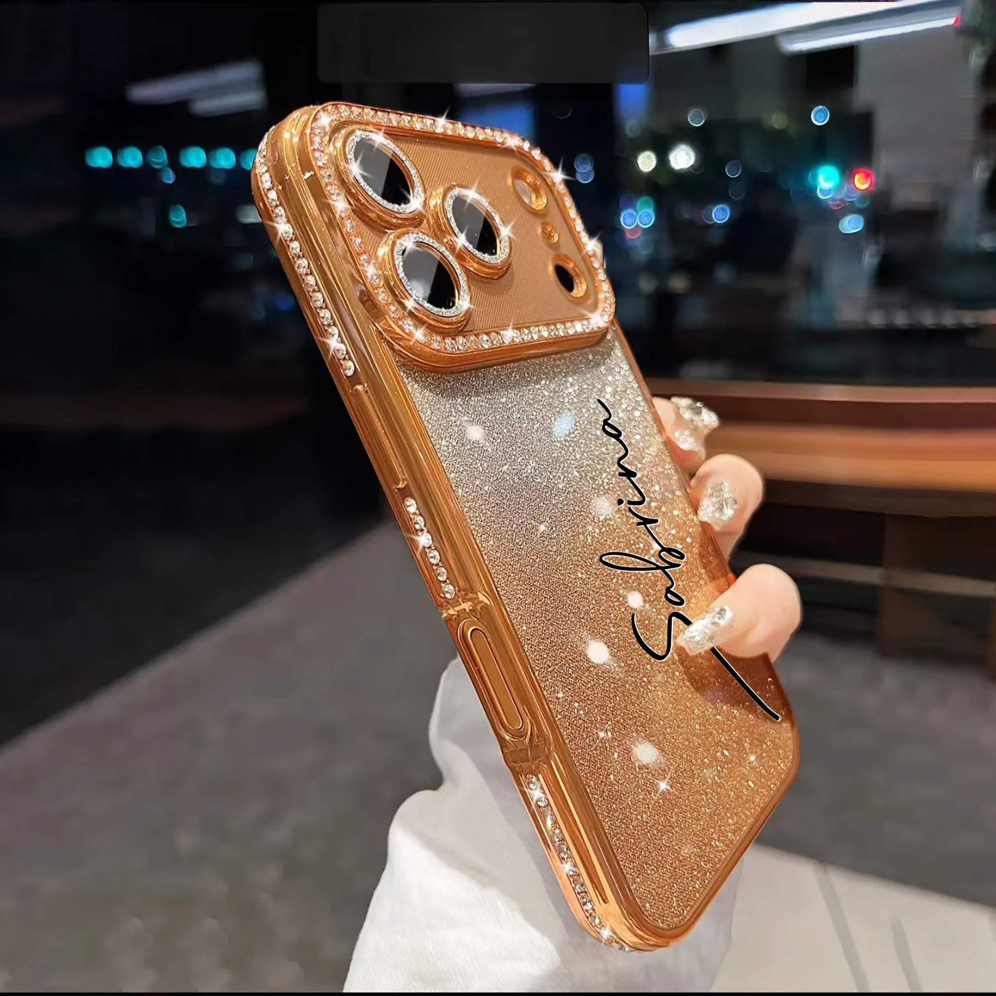 Custom Letters Name Starry Orange Flash Diamond Gradient Phone Case thumbnail 5