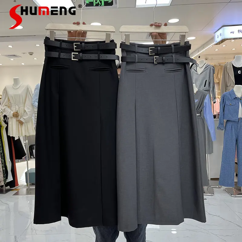 

High Quality Double Belt Draped Suit Skirt Women's Mid-Length Pleated A- Line Mid-length Skirt High Waist Slim Umbrella Skirt