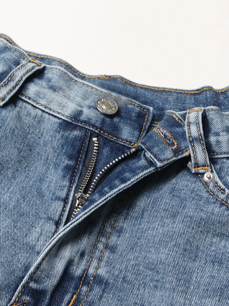 BPN Hit Color Fashion Irregular Denim Short Pants For Women High Waist Spliced Pockets Minimalist Wide Leg Pants Female Autumn