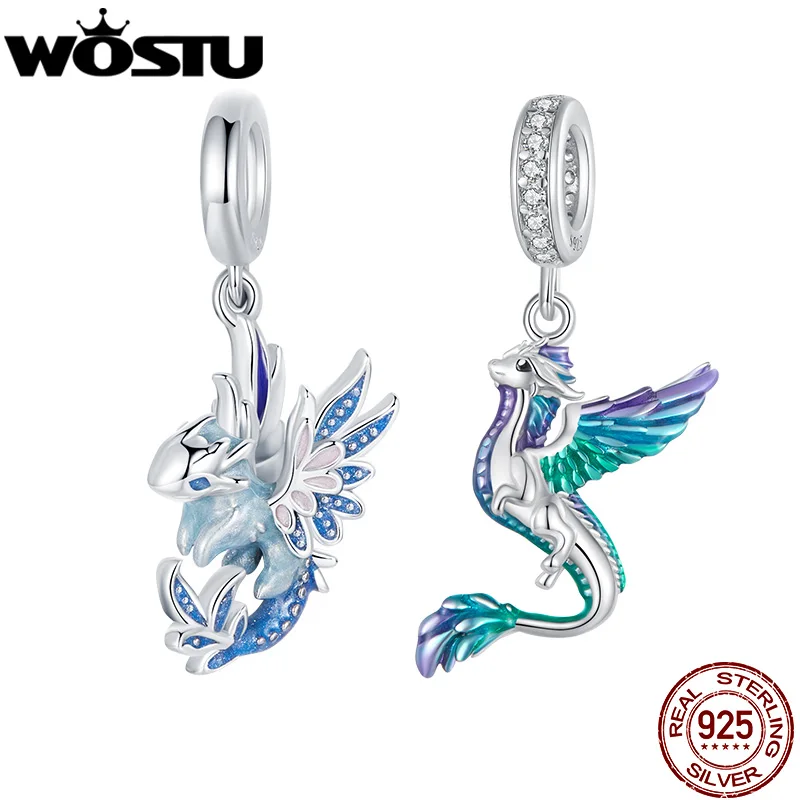Wostu 925 Sterling Silver Smalto Colorato Flying Dragon Charms Ciondolo Fit Collana Braccialetto Originale Regalo Speciale Di Compleanno Fai Da Te