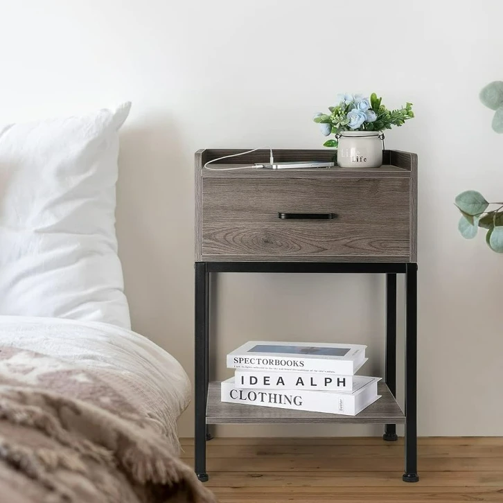 

Gray Night Stand with Charging Station 2Tier Side Tables with Drawer Small Bedside Table with USB Ports and Outlets Nightstand