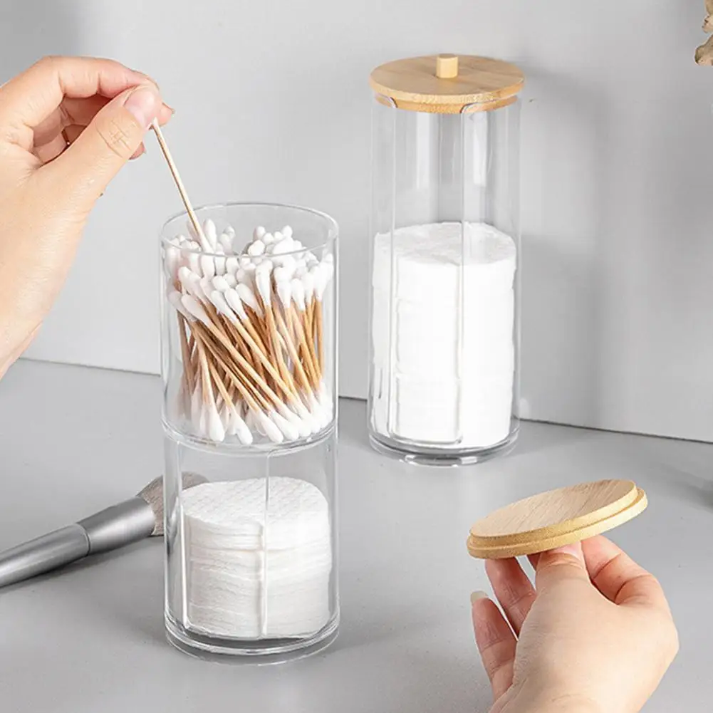 Transparent Storage Box Cotton Swab Organizer With Wooden Lid Large Capacity Dustproof Floss Picks Cotton Balls Holder Bathroom
