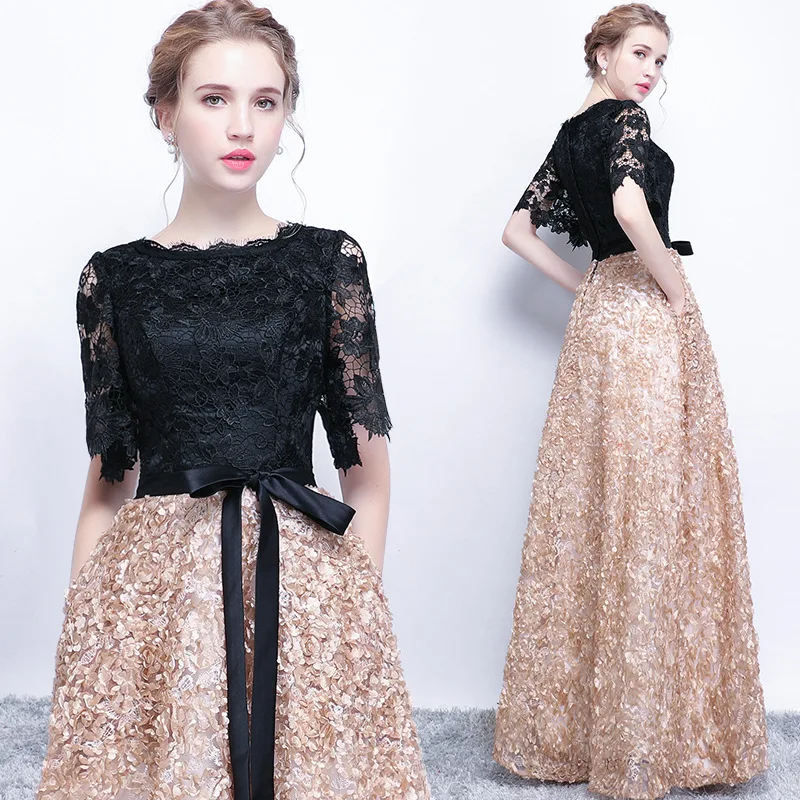 LANMU Vintage Black A-Line Lace Long Evening Dresses Half Sleeves Beaded scoop neck long appliques evening dress prom dress