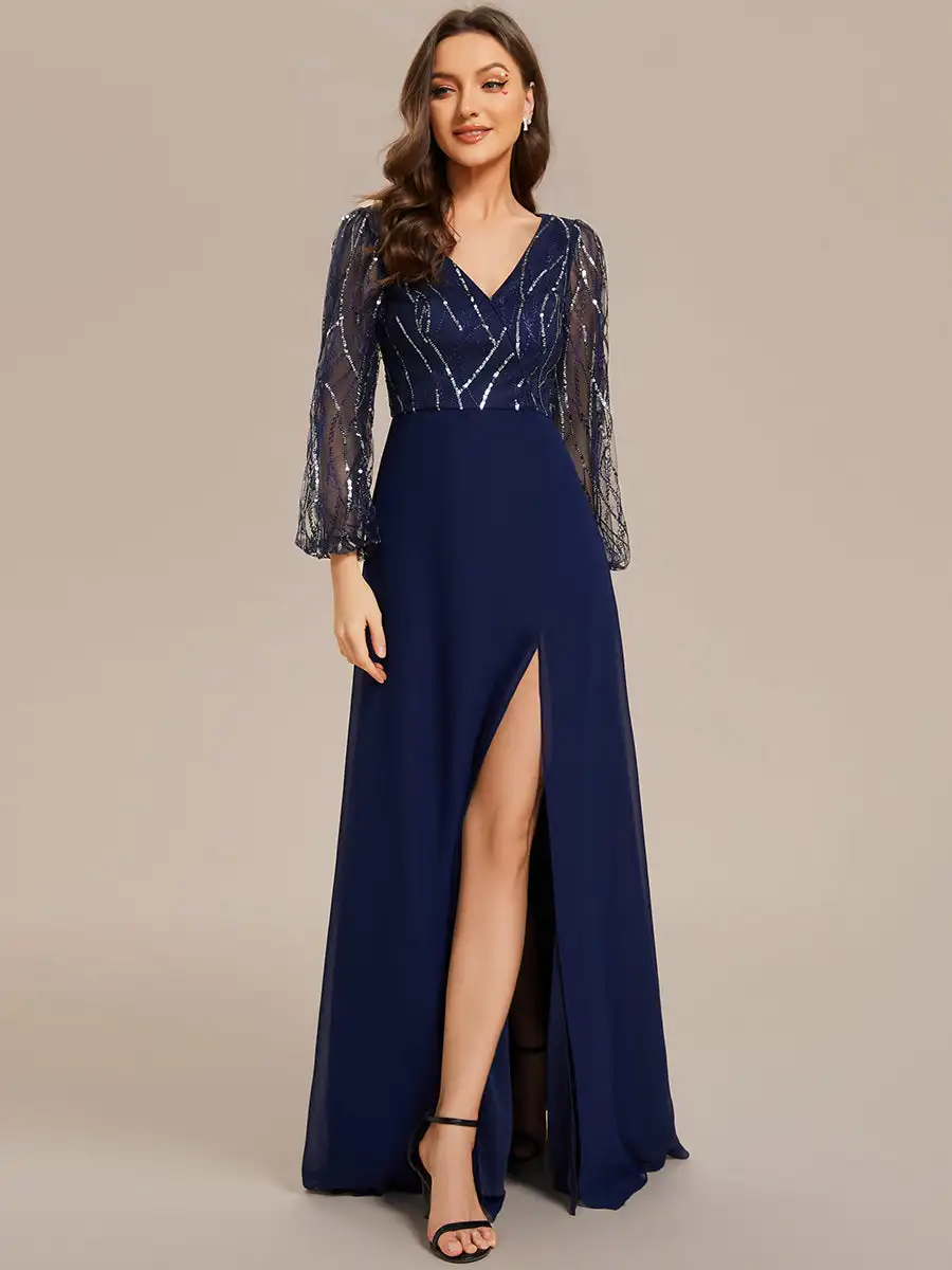 

Elegant Evening Dress Deep V Neck Maxi Long Sequin with Long Sleeve 2024 BAZIIINGAAA of Chiffon Navy Blue Bridesmaid Dress