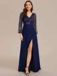 Elegant Evening Dress Deep V Neck Maxi Long Sequin with Long Sleeve 2024 BAZIIINGAAA of Chiffon Navy Blue Bridesmaid Dress